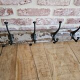 Solid teak coat hook with 4 double cast iron hooks
