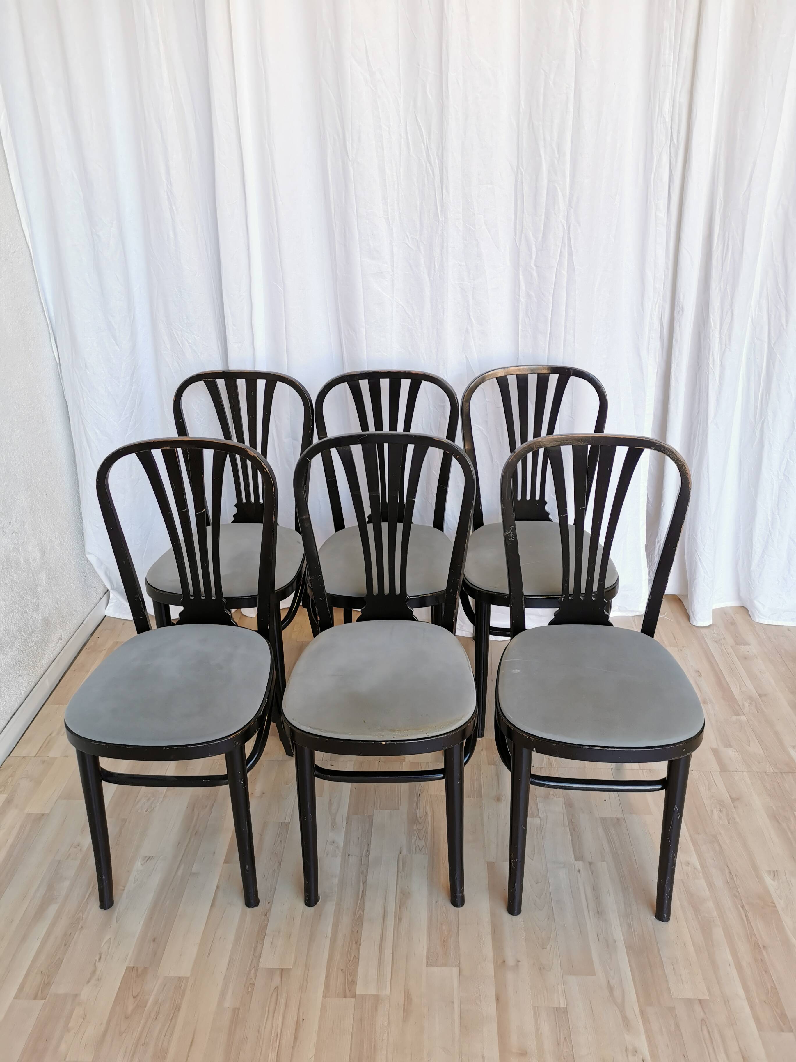 SET of 6 Vintage Black Wooden Dining Chairs by STOL Kamnik 1970s