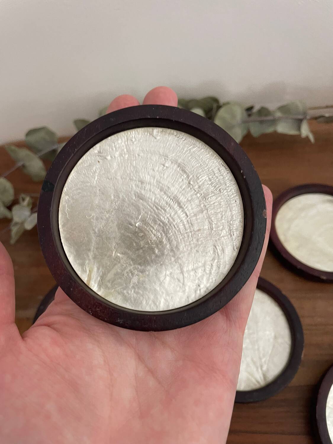 Set of 6 vintage mother-of-pearl wooden coasters