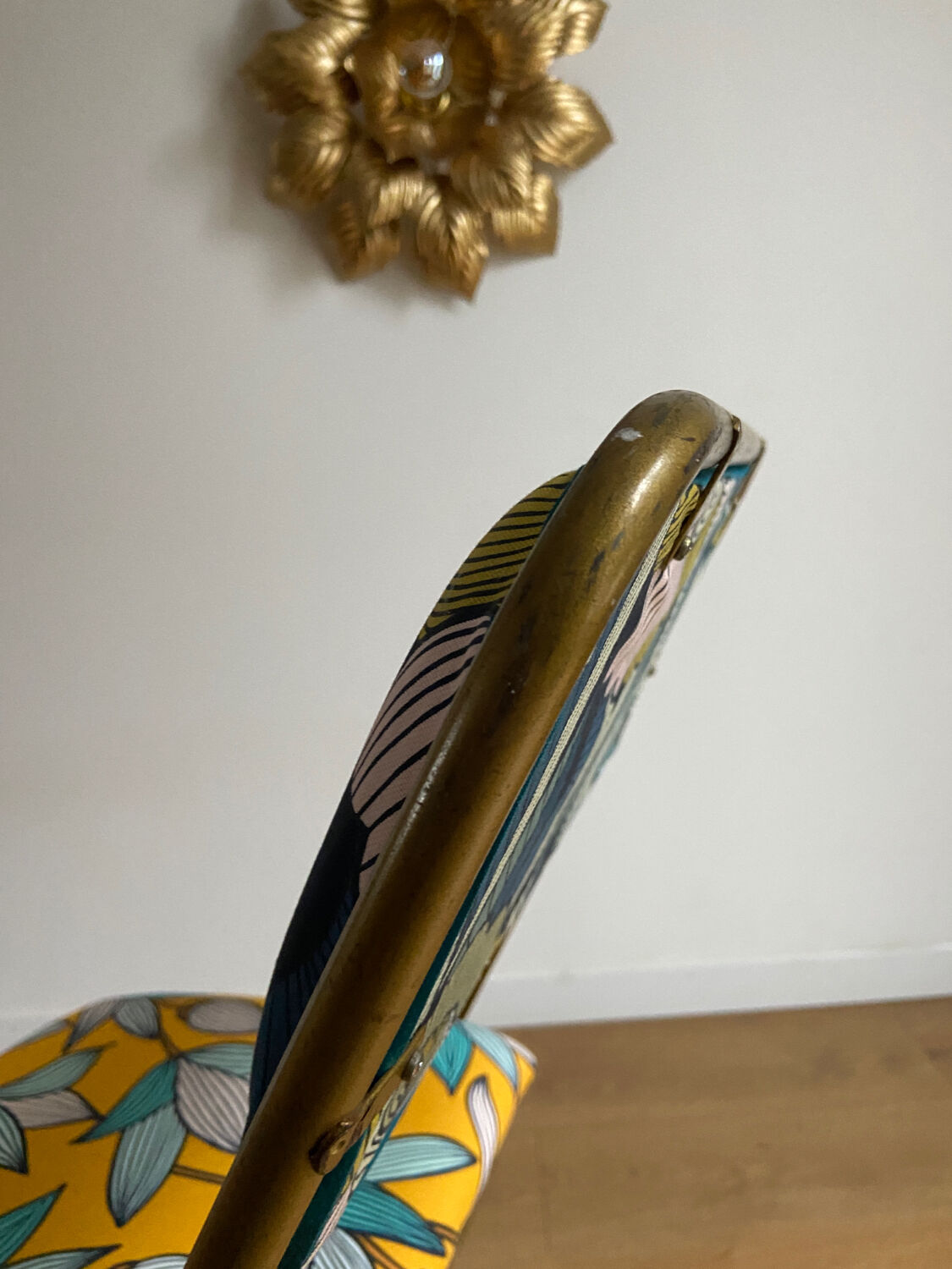 Vintage folding chair lafuma revisited yellow and blue floral fabrics
