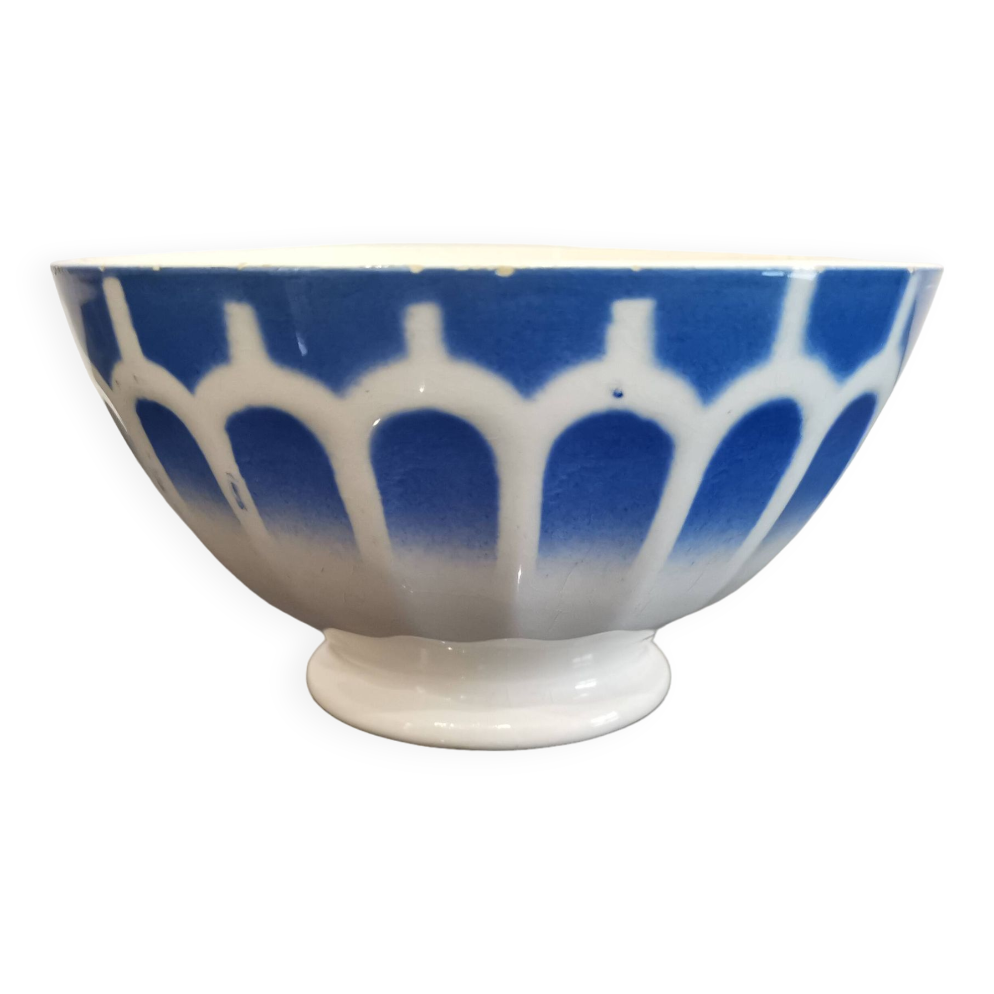 Vintage Earthenware Bowl Blue Stencil Decor, Art Deco Digoin/Sarreguemines
