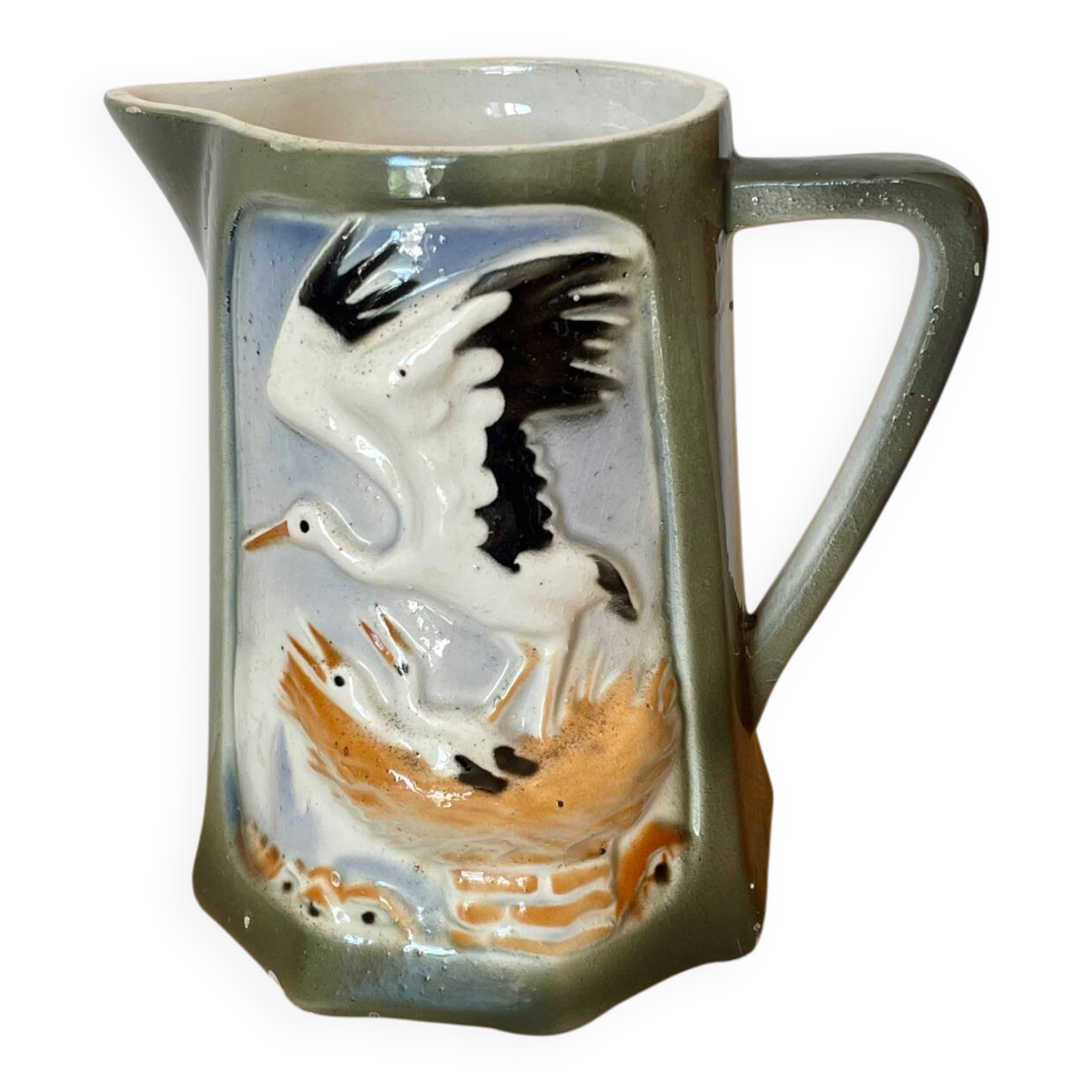 Old Barbotine Jug Storks - Saint-Clément France