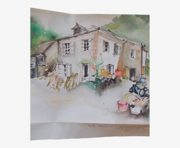 Aquarelle 1982 Lila Horbowl maison de campagne cadre sous verre, marquée porro (catalogne ?)