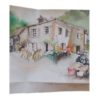 Aquarelle 1982 Lila Horbowl maison de campagne cadre sous verre, marquée porro (catalogne ?)