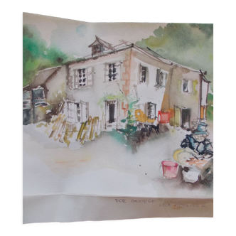Watercolor 1982 lila horbowl country house frame under glass, marked porro (catalonia?)