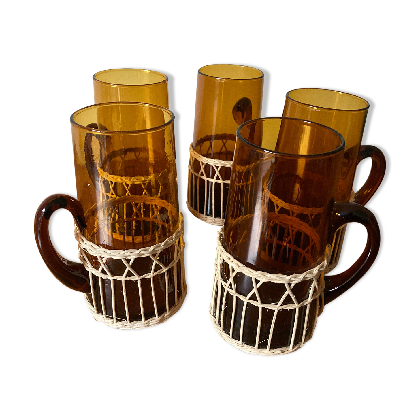 Set of 5 glass and rattan mugs