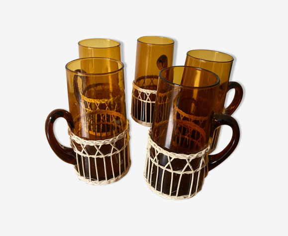 Lot de 5 chopes en verre et rotin