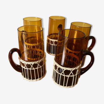 Set of 5 glass and rattan mugs