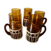 Set of 5 glass and rattan mugs
