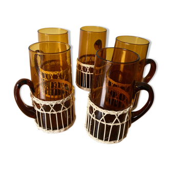 Set of 5 glass and rattan mugs