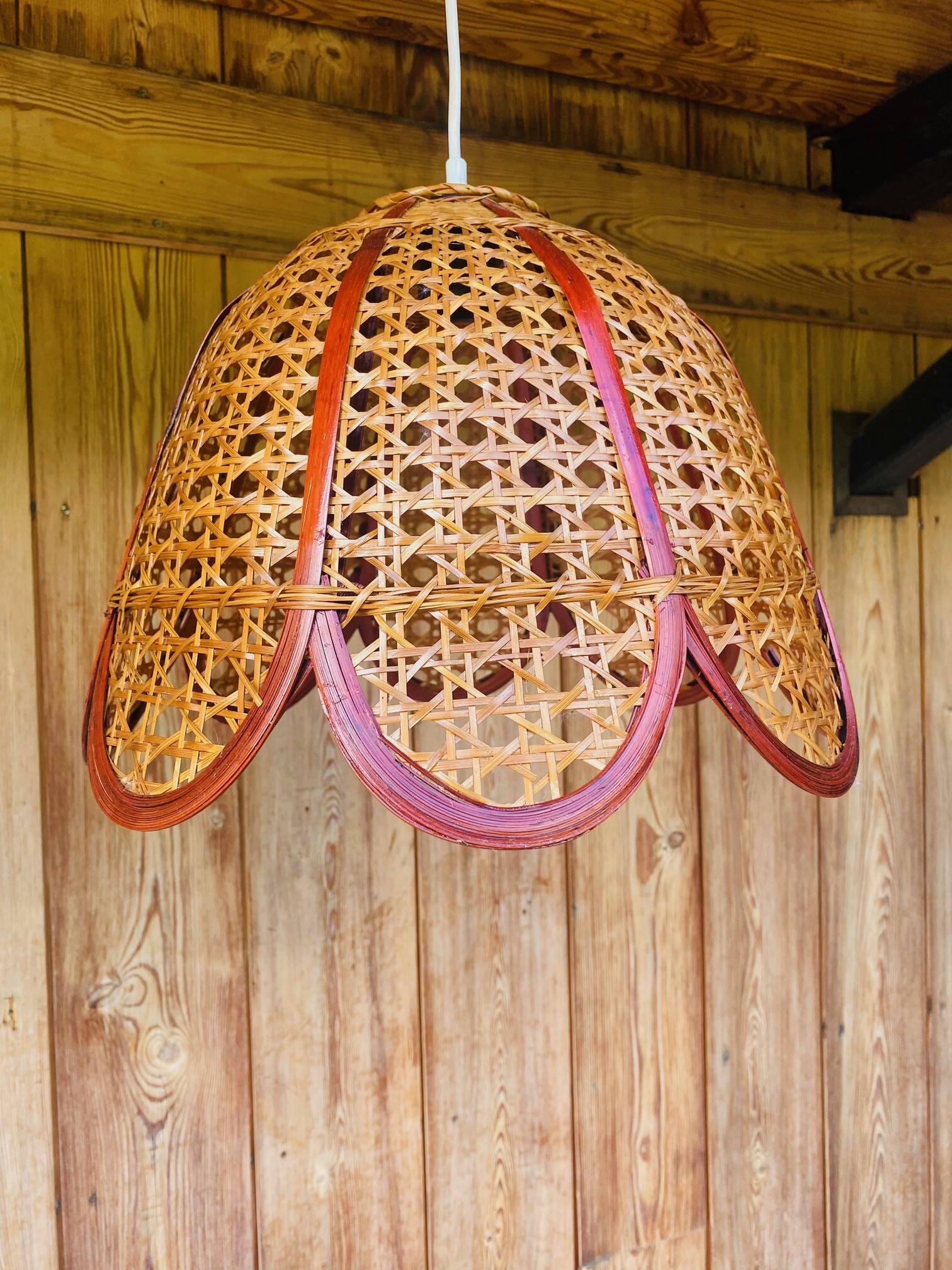 Vintage rattan flower pendant light.