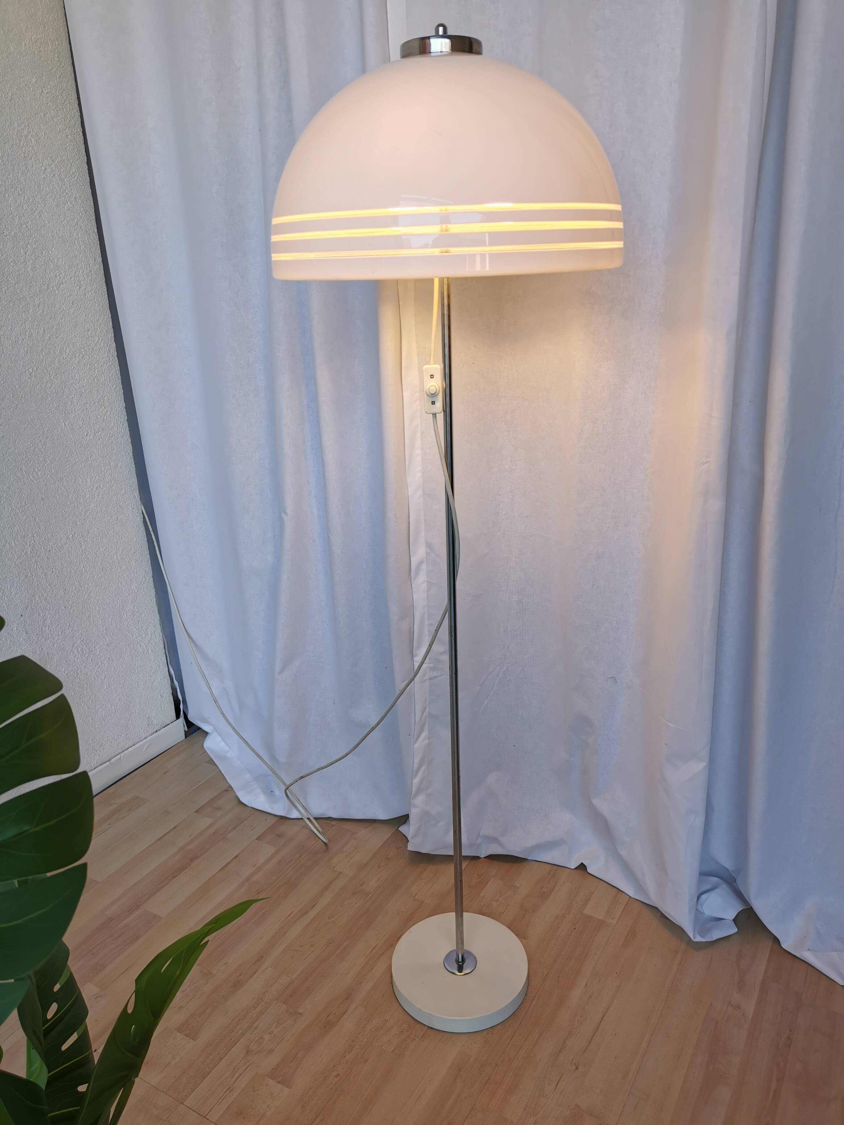 Vintage 1970s Mushroom Floor Lamp: Chrome & White Plastic, Retro Lighting