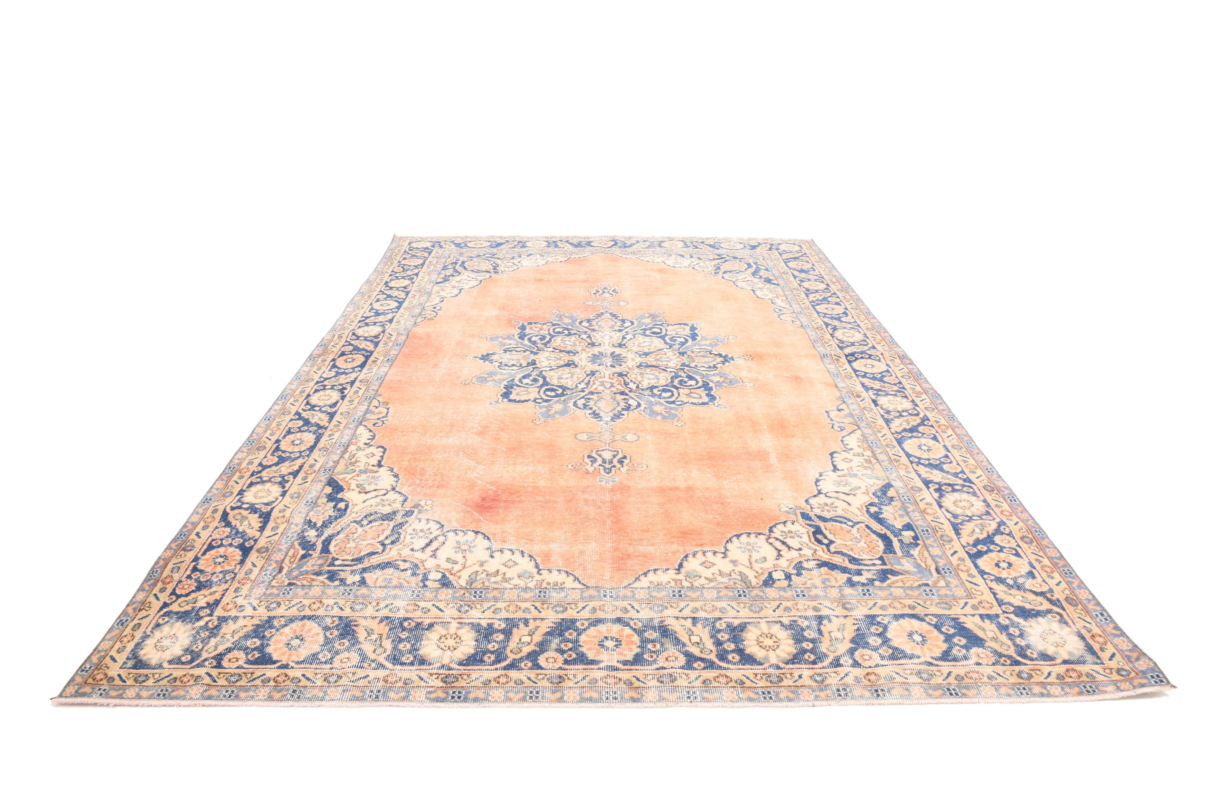 Orange & blue oriental turkish vintage rug