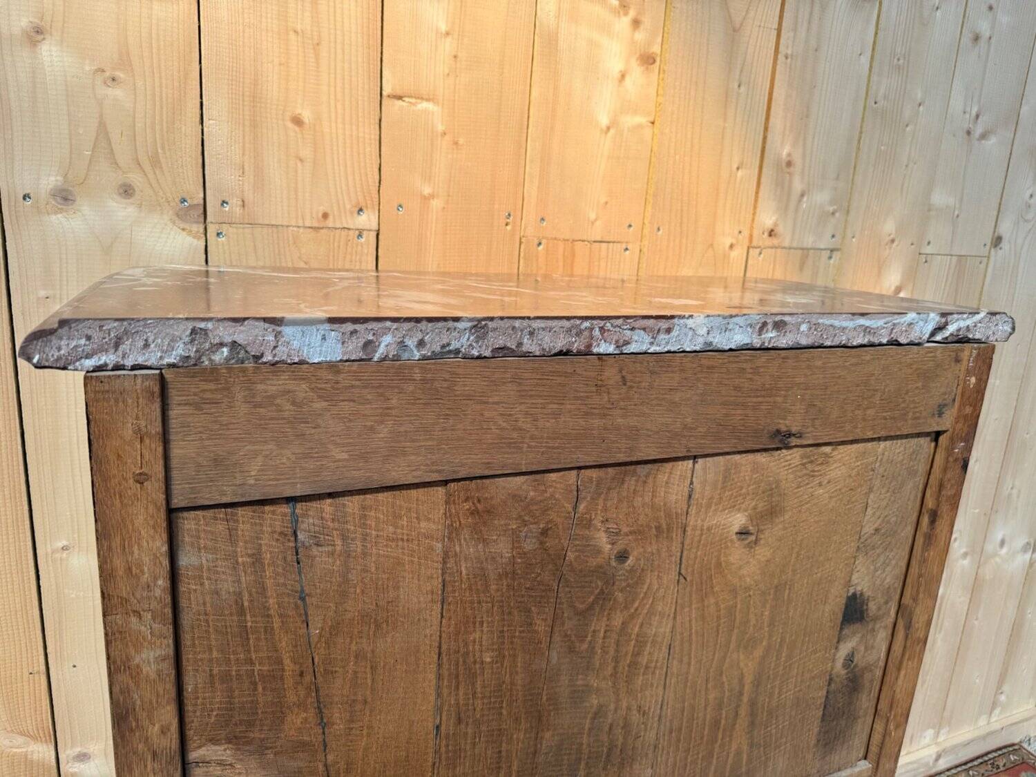 Baseboard cabinet – Louis XIV style – Solid oak and original marble