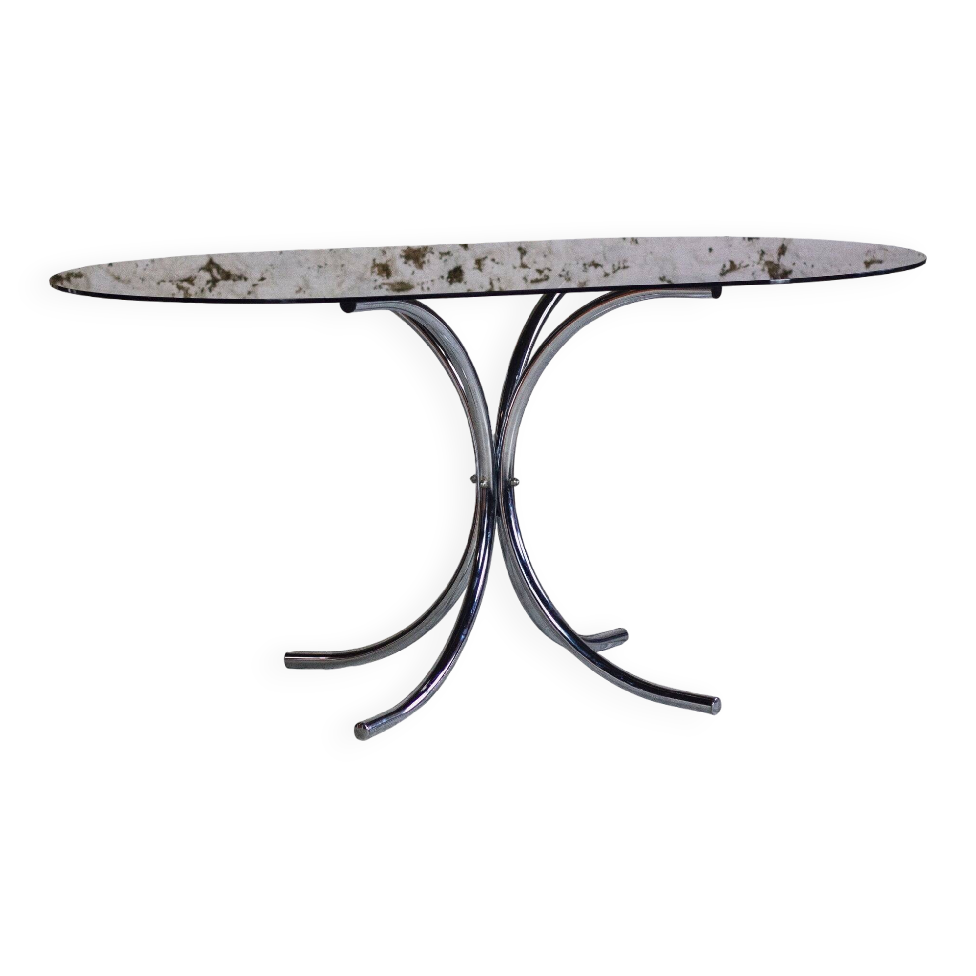 Oval dining table in chrome and smoked glass, 1970.