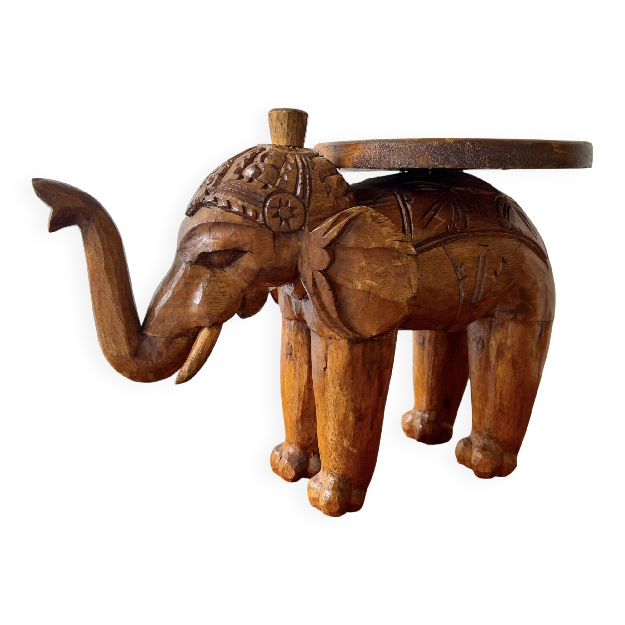 Support de plante en bois vintage en forme d'éléphant