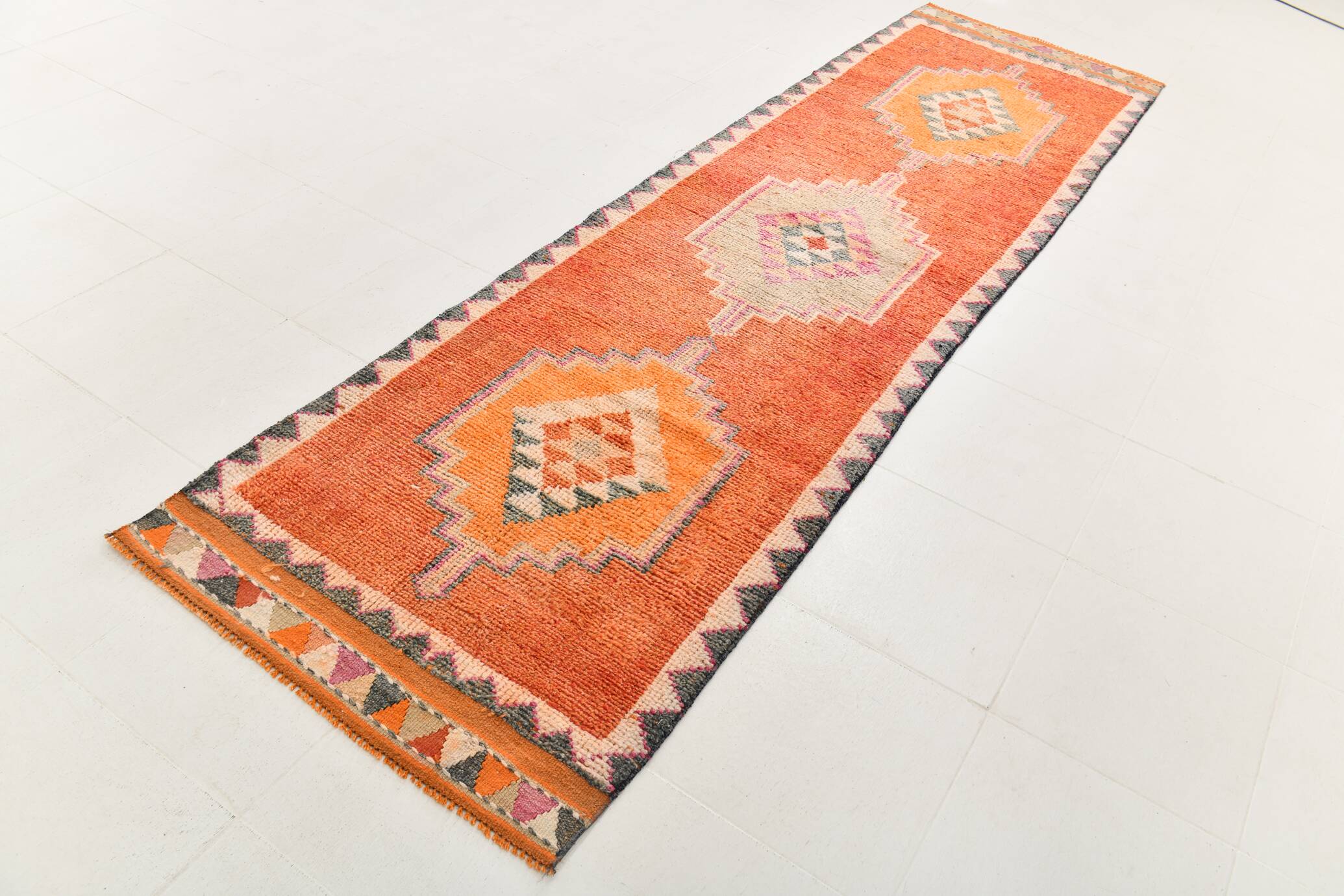 3x11 Burnt Orange Handknotted Hallway Rug, Turkish Vintage Runner Rug