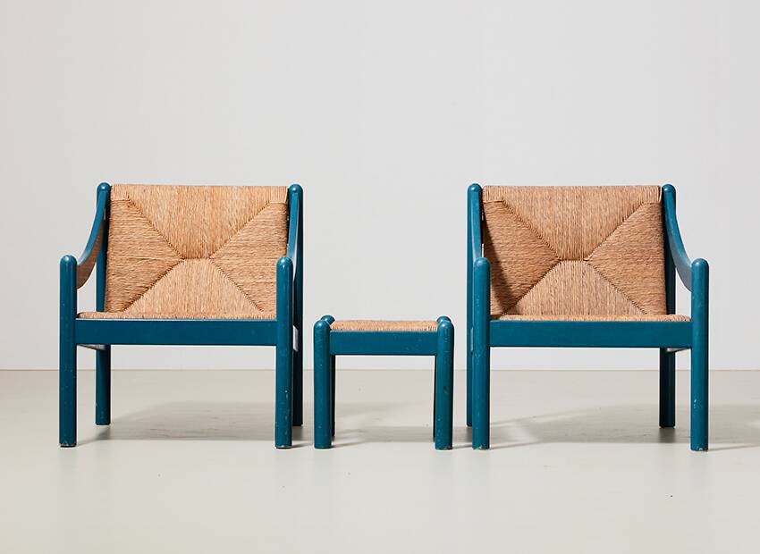Vico Magistretti Pair of Carimate Lounge Chairs + Stool for Cassina Italy 1960s