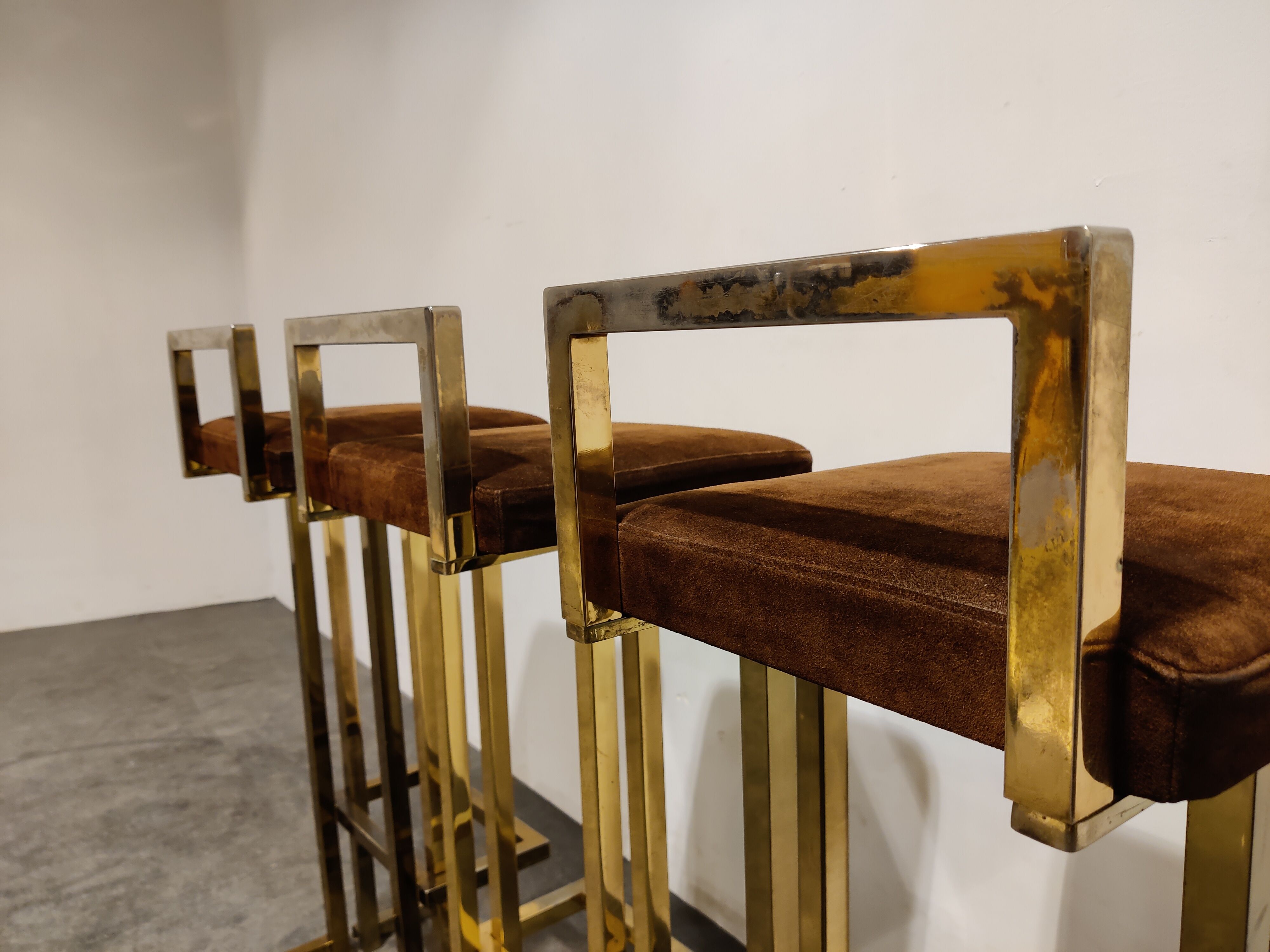Belgochrom brass bar stools, set of 3, 1970s