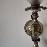 Bronze wall light with opaque glass tulip 1900