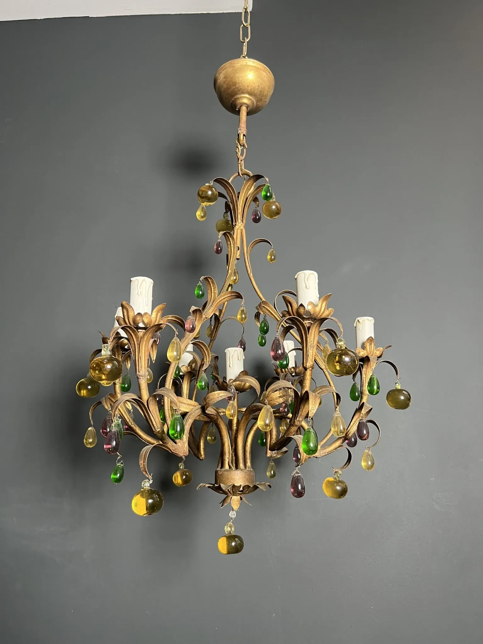 Golden Metal Cage with Leaf and Multi-Coloured Glass Fruit Decoration