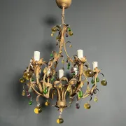 Golden Metal Cage with Leaf and Multi-Coloured Glass Fruit Decoration