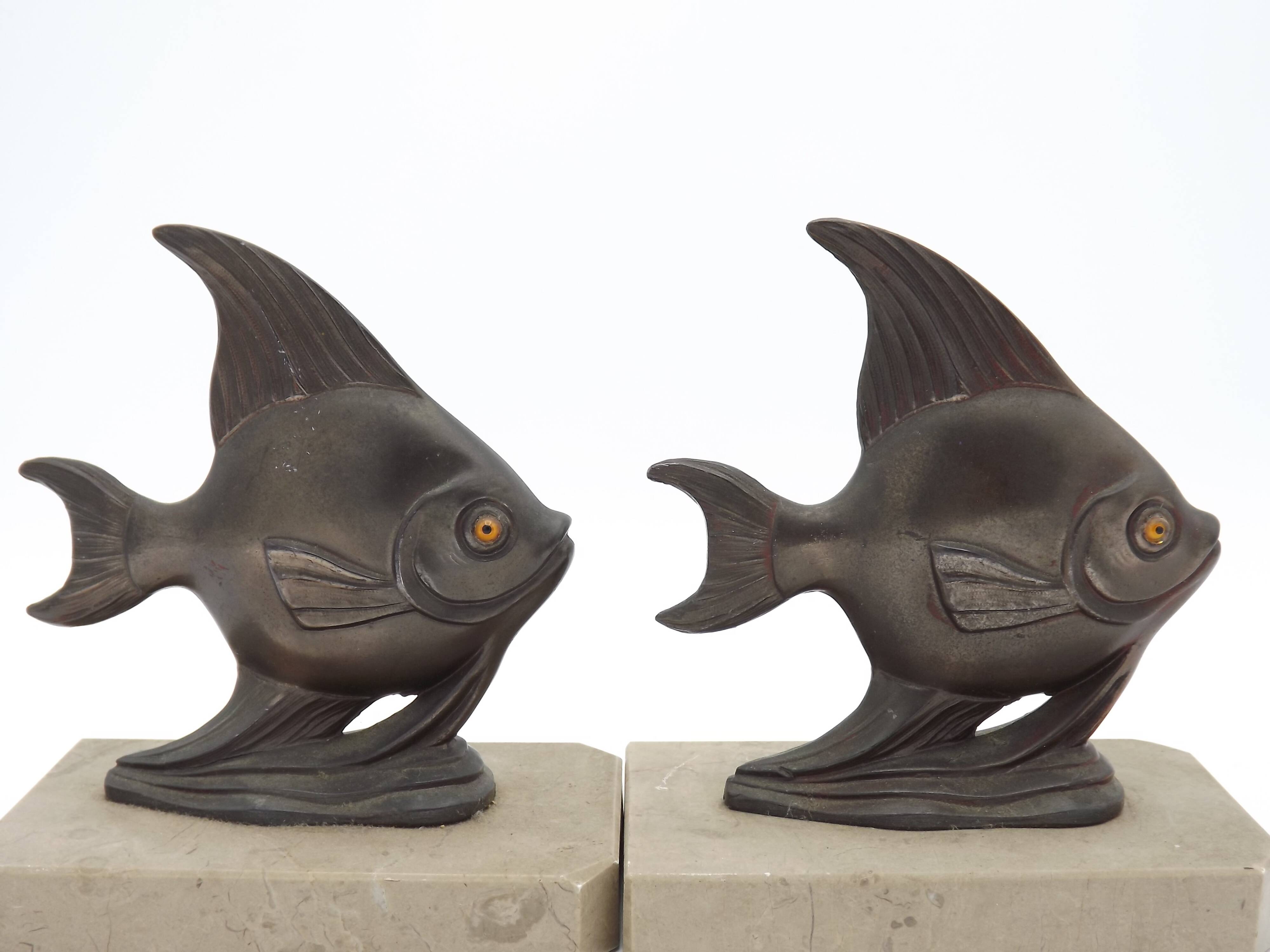 Vintage French Art Deco Fish Book Ends - Marble and Spelter Bookends