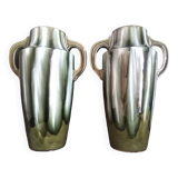 Pair of Art Deco vases in enameled earthenware with white drips on a green background