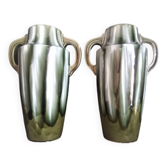 Pair of Art Deco vases in enameled earthenware with white drips on a green background