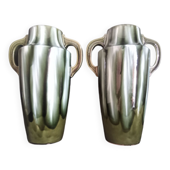Pair of Art Deco vases in glazed earthenware with white drips on a green background
