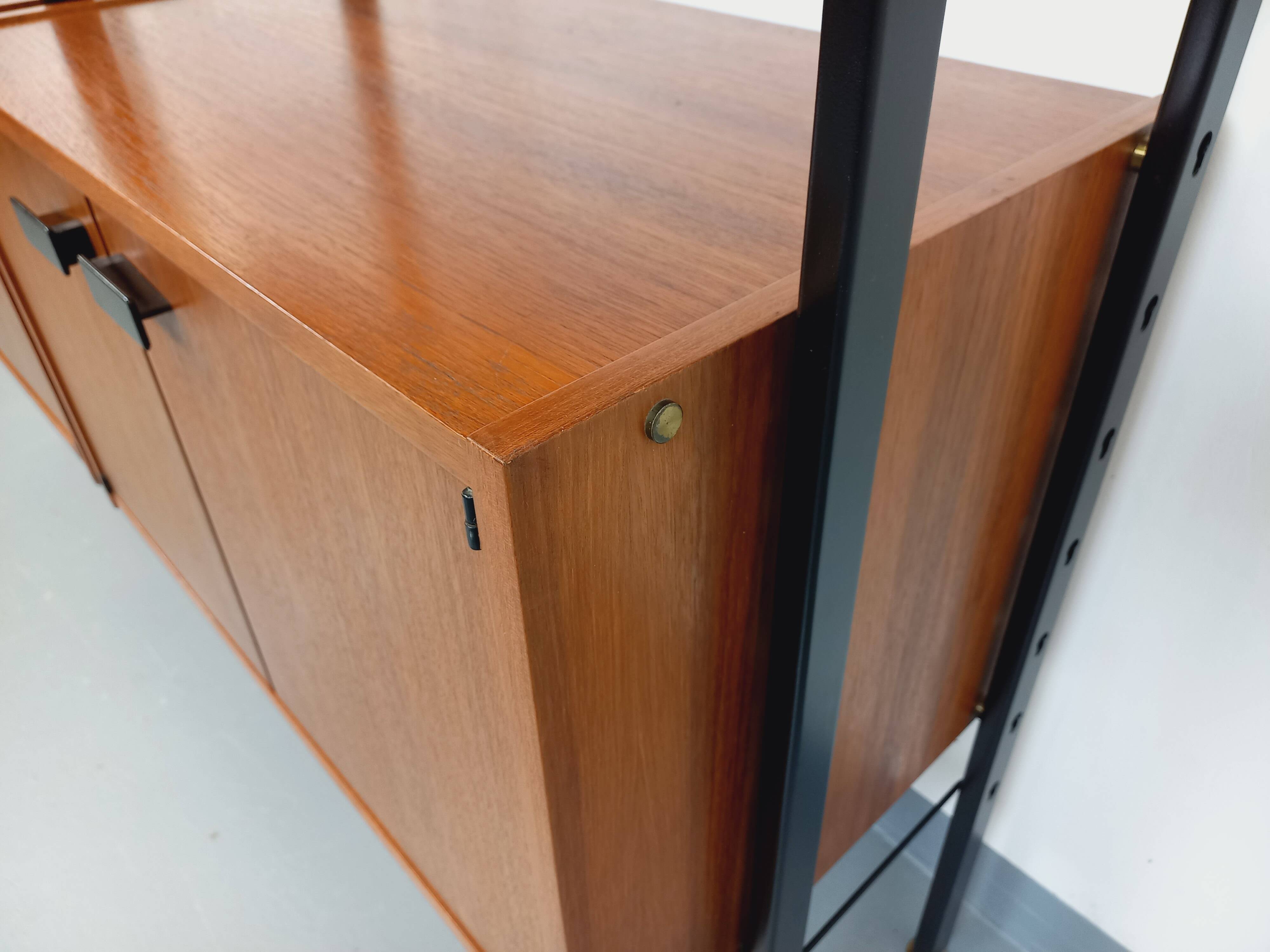 Vintage Italian double modular shelf bookcase in teak and metal