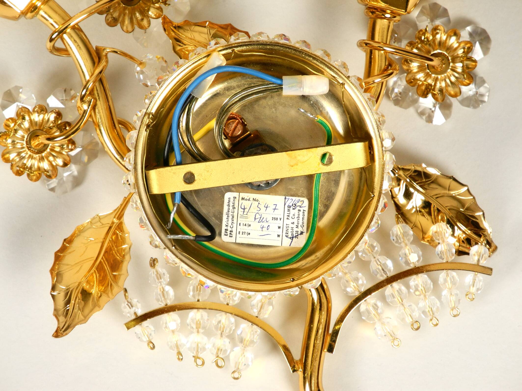 1970s brass crystal glass floral wall lamp by Ernst Palme unused condition