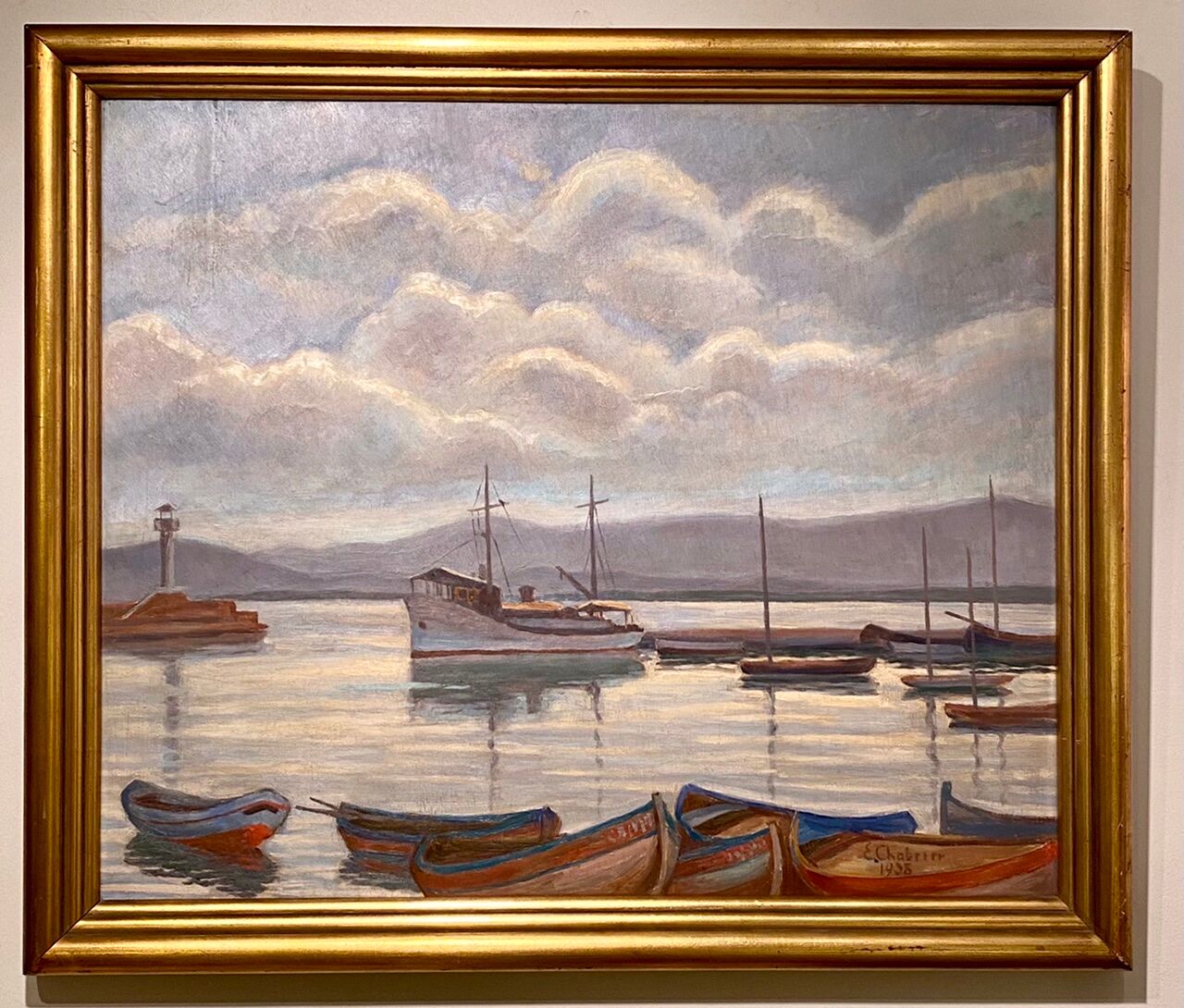 Old painting, Marine, signed E Chabrier and dated 1938