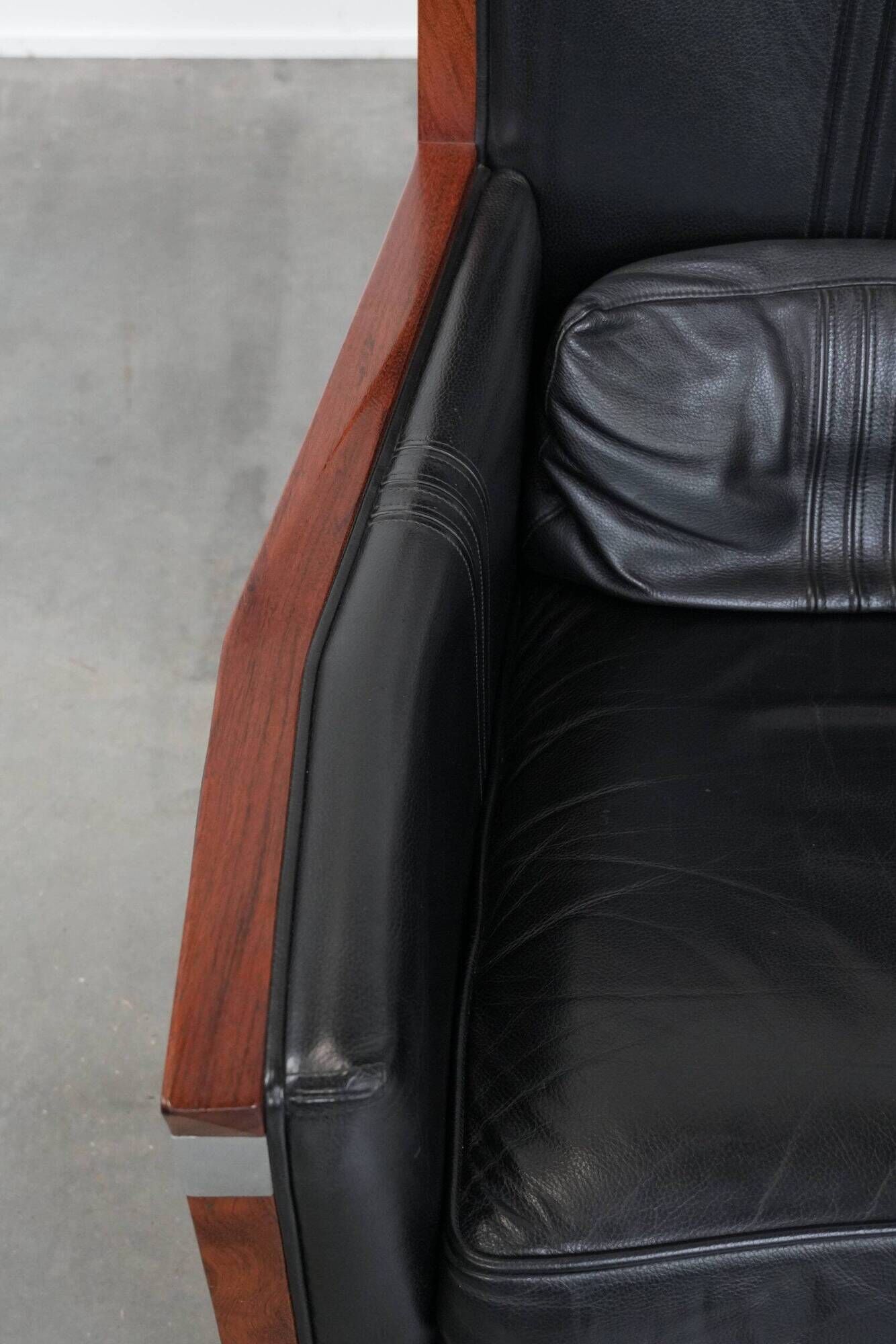 Beautiful set of 2 black cow leather Art Deco design armchairs with high back