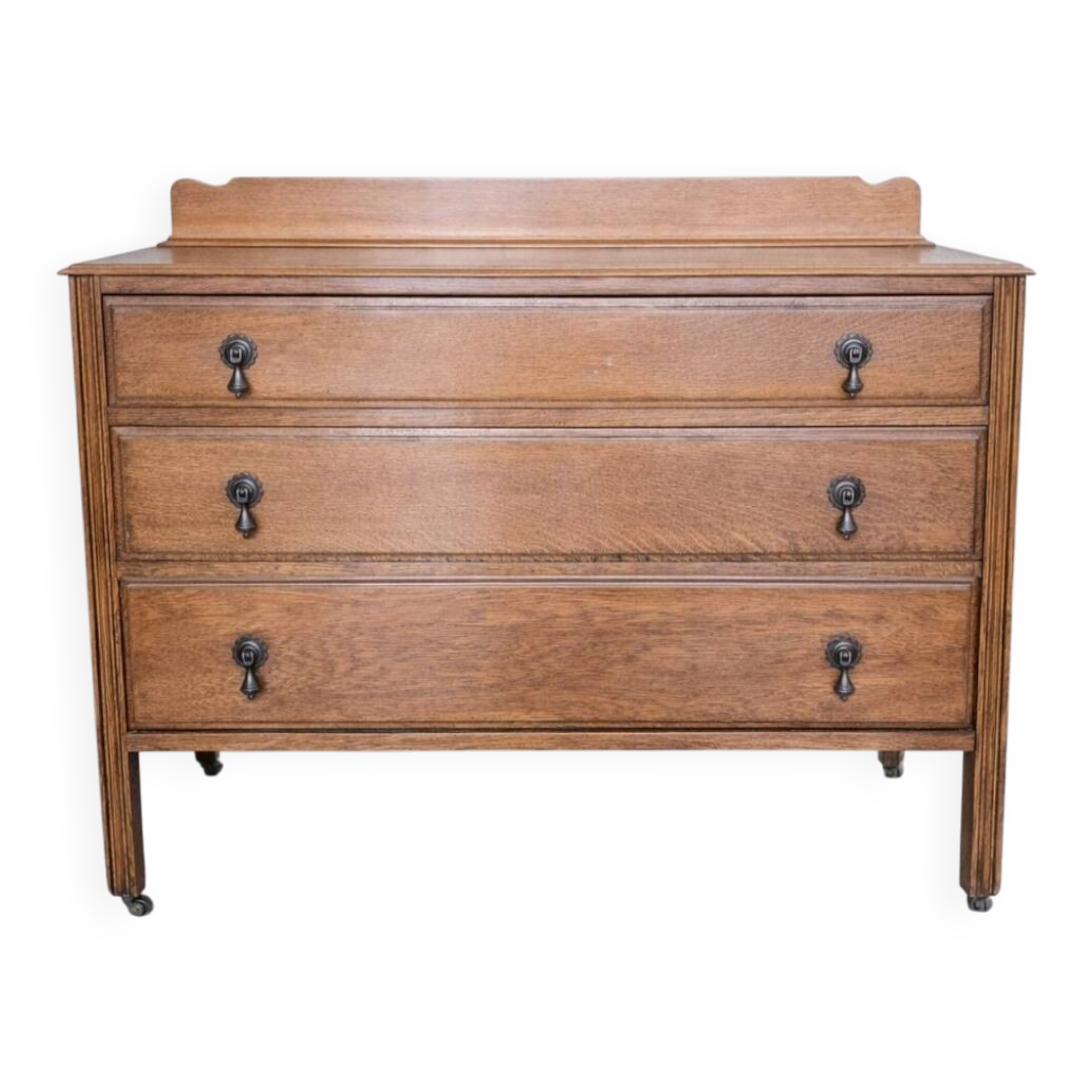 Antique English oak commode with a backrest, 3 drawers.