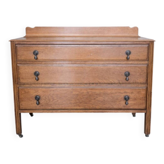 Antique English oak commode with a backrest, 3 drawers.