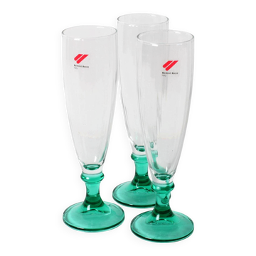 Set of 3 Vintage Green Stem Champagne Flutes: Bormioli Rocco Harmonia, 1990