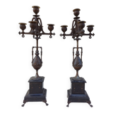 Large pair of 5-light candlesticks in spelter, complete, 19th century