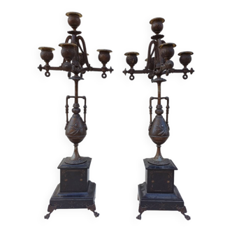 Large pair of 5-light candlesticks in spelter, complete, 19th century