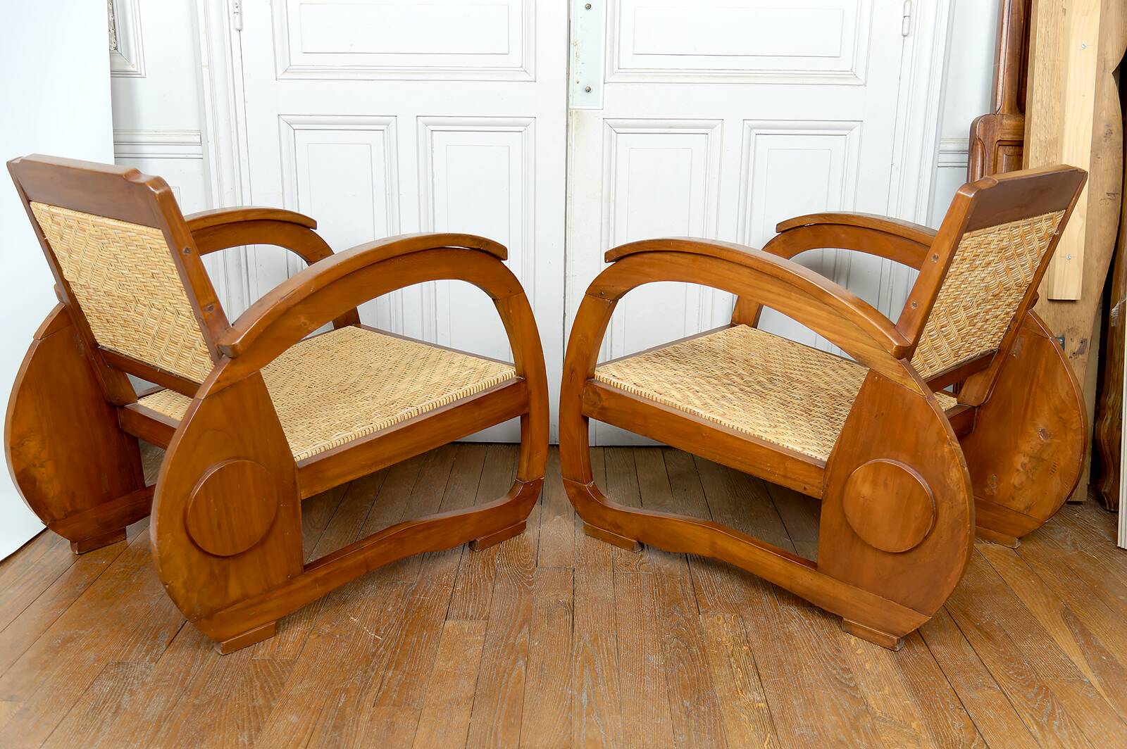 Pair of Teak Armchairs with Woven Rattan Seats, Colonial Art Deco, 1925