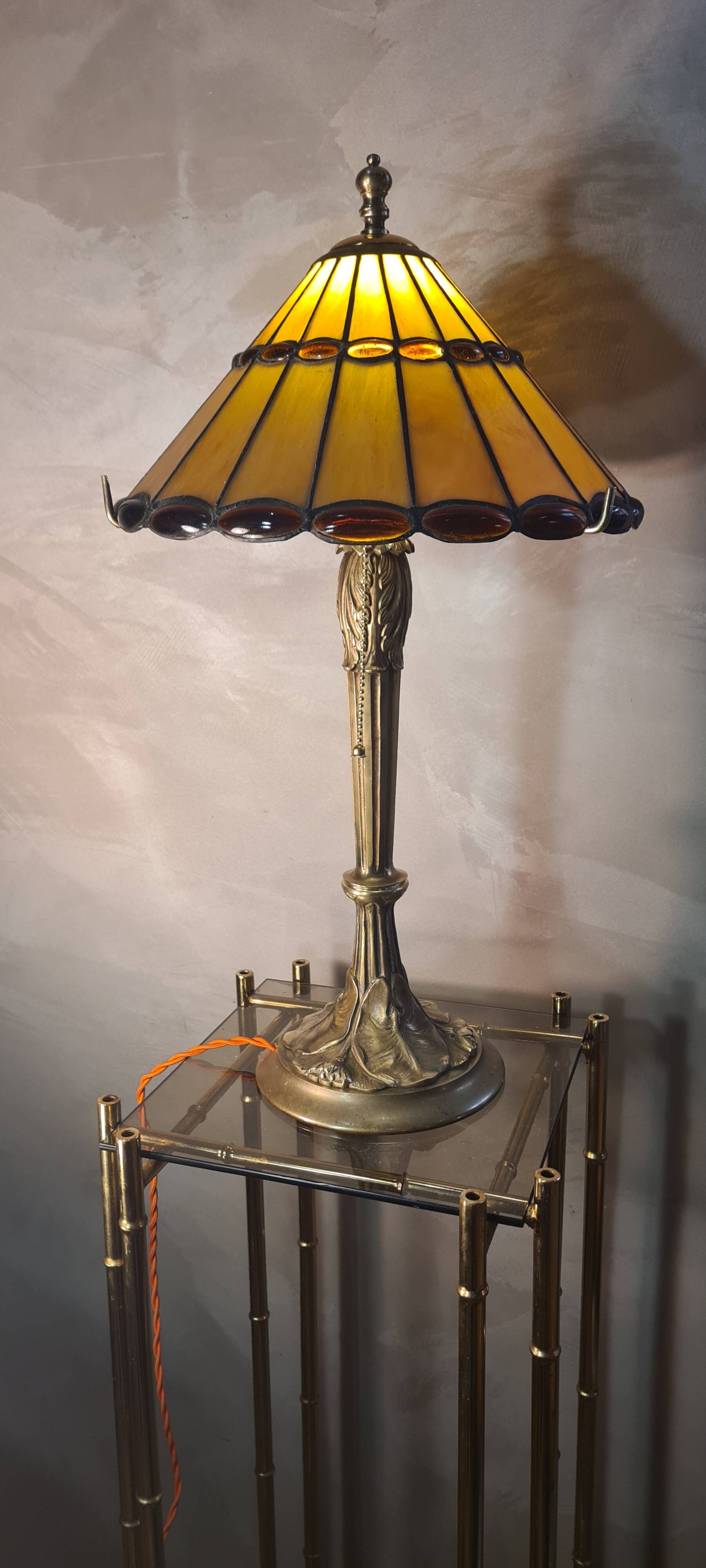 Large solid bronze art nouveau lamp 1900, tiffany lampshade 55x30 inter with zipper