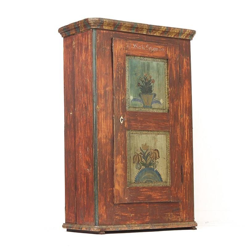 Antique Rustic Farmhouse Folk Art Painted Bridal Cabinet 1860