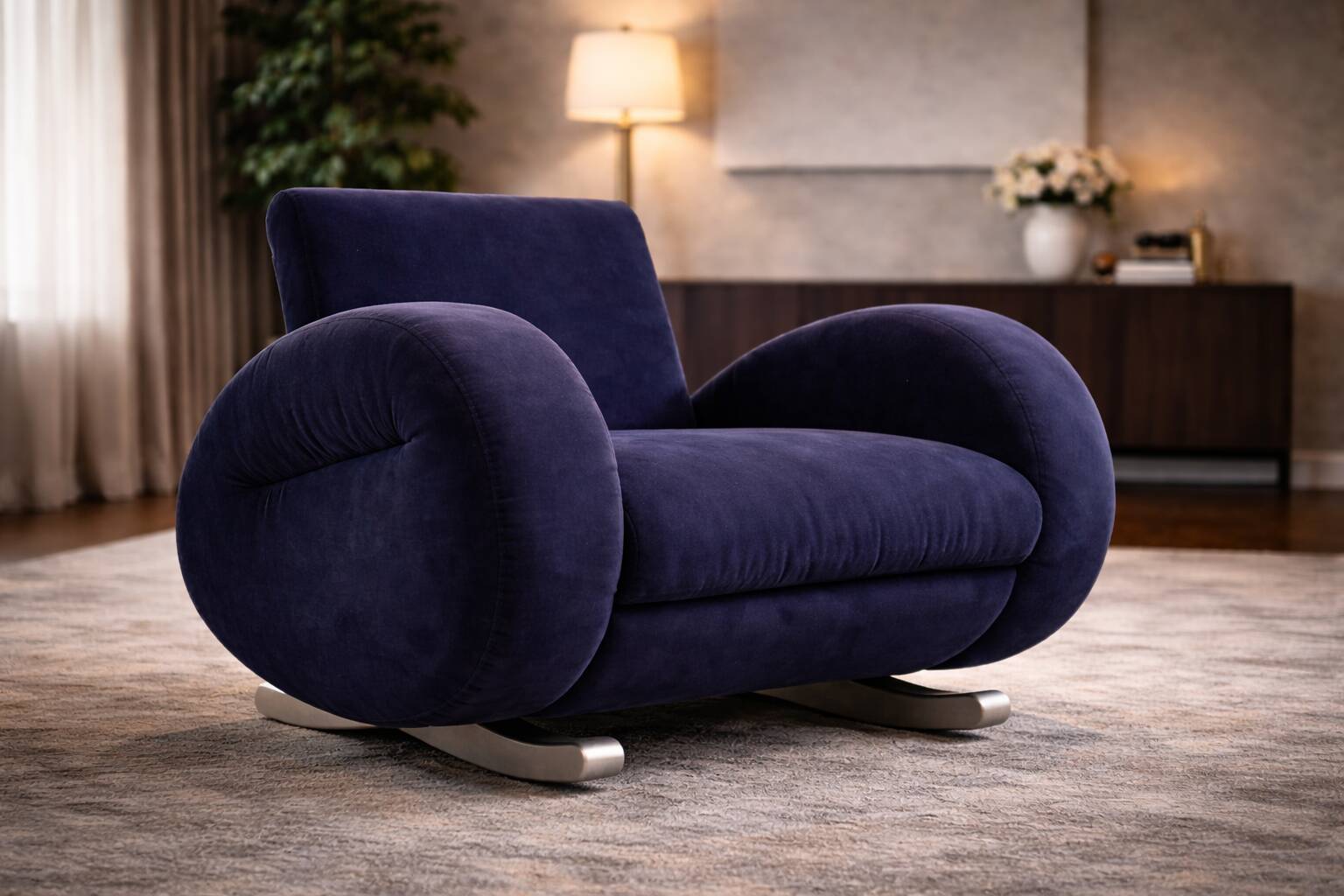 Bretz (Germany) — Rocking Chair / Armchair — Blue Velvet Upholstery — 1980s