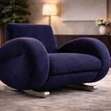 Bretz (Germany) — Rocking Chair / Armchair — Blue Velvet Upholstery — 1980s