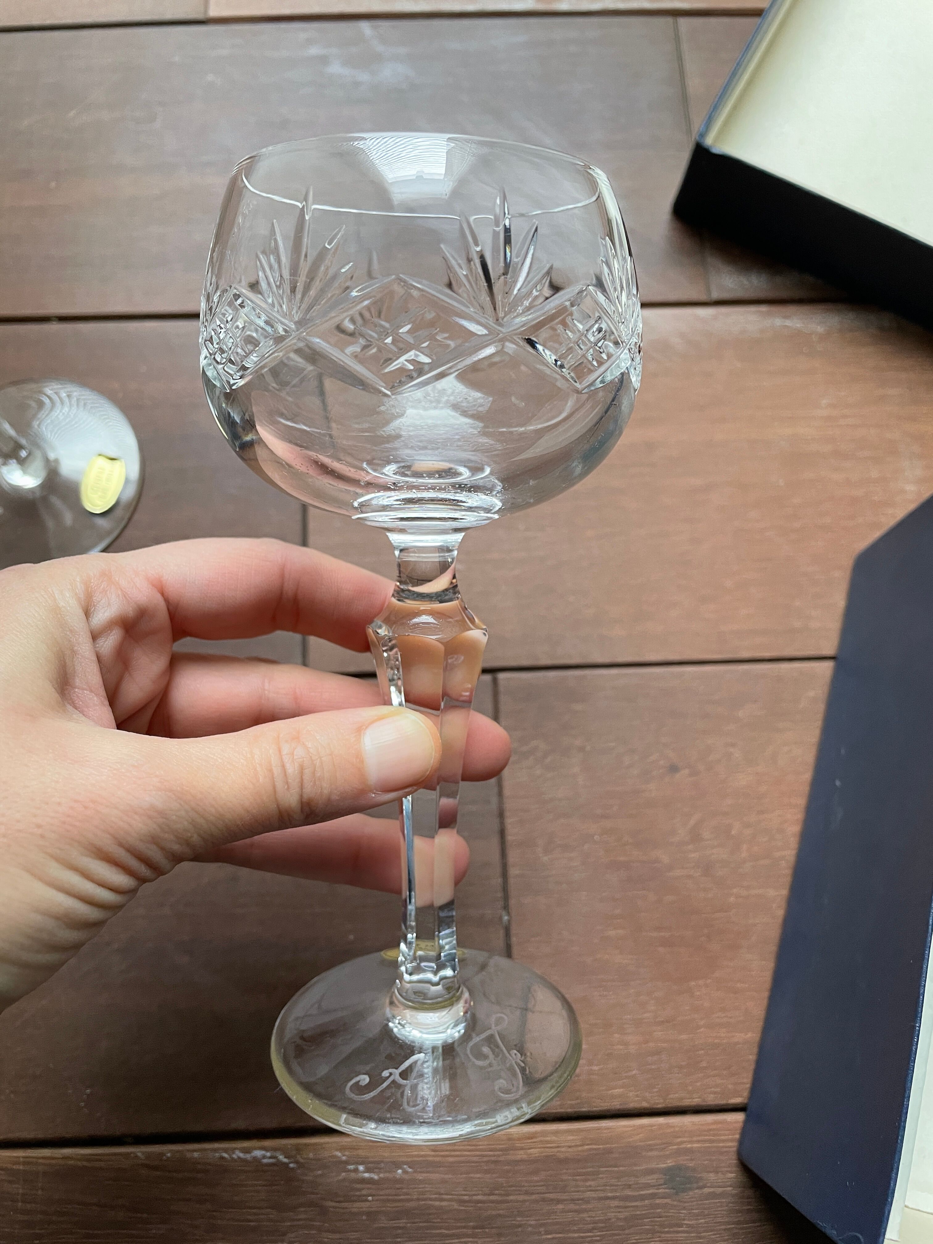 6 engraved crystal stemmed glasses