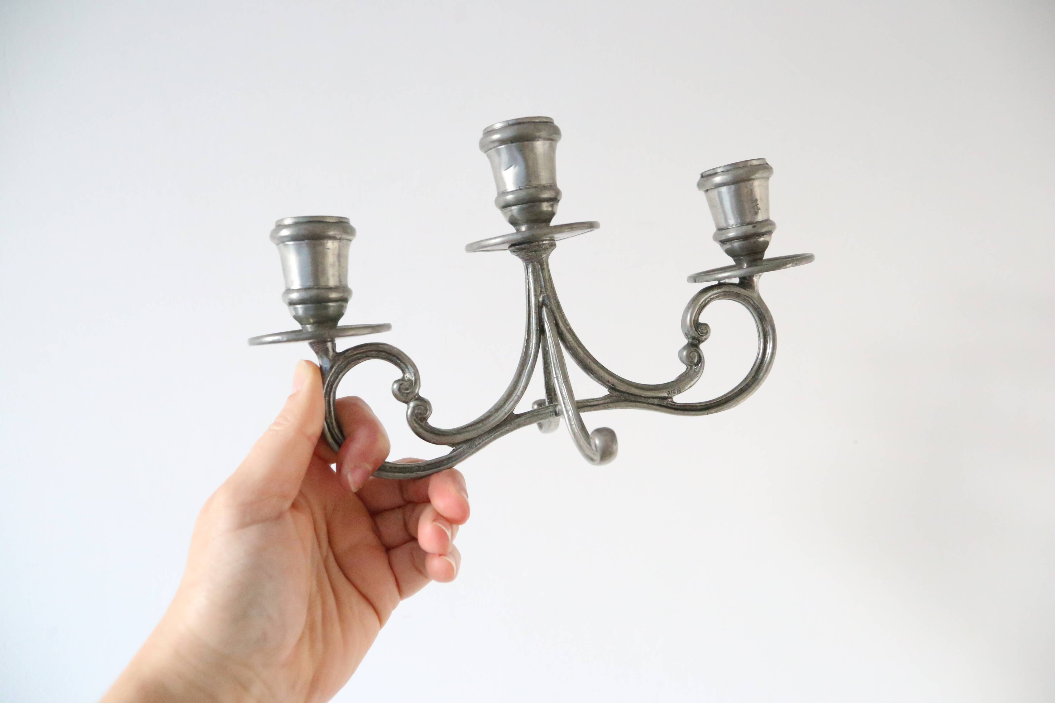 Duo of tin candlesticks, 3 lights, Gothic motifs, vintage
