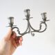 Duo of tin candlesticks, 3 lights, Gothic motifs, vintage