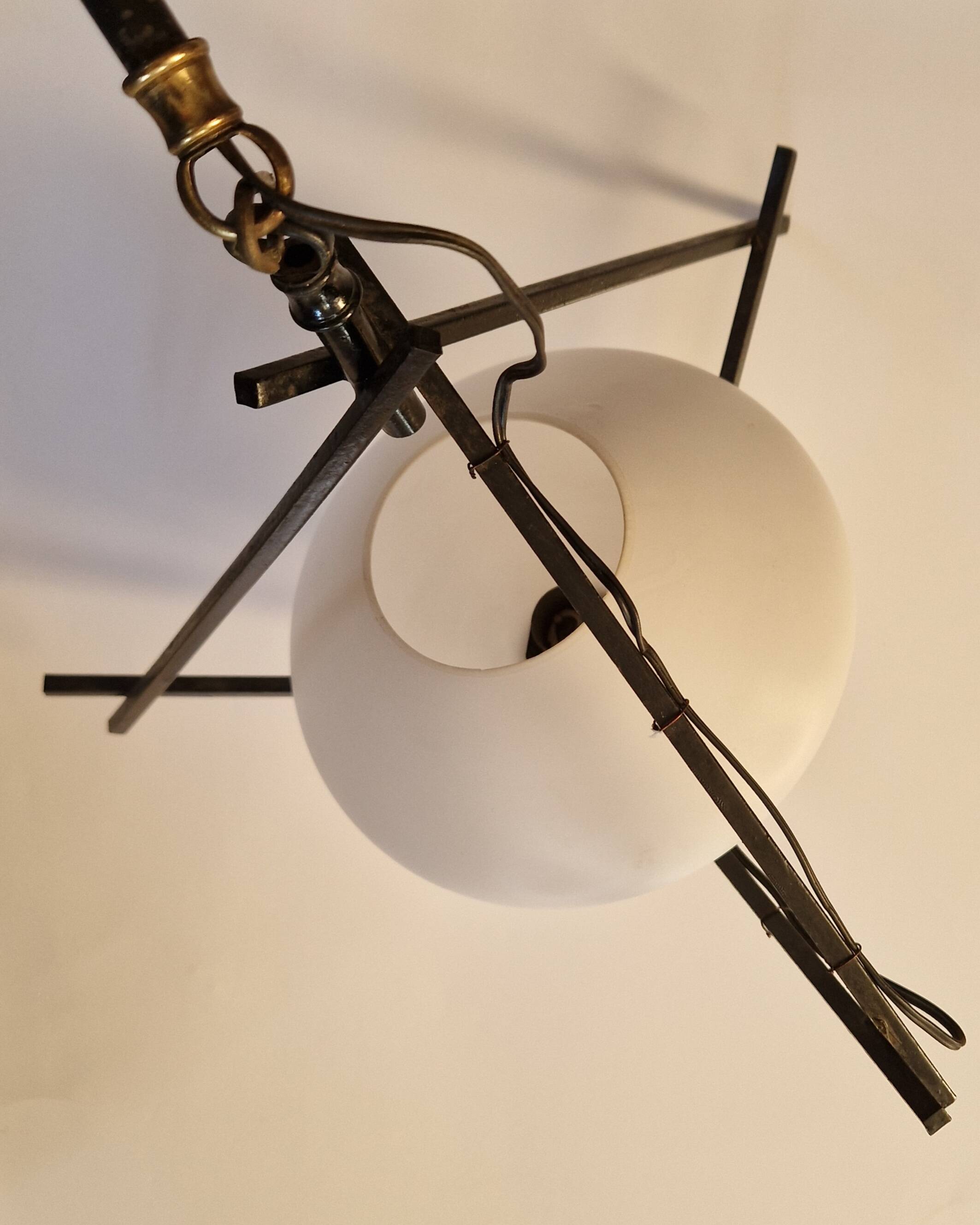Opaline and metal triangular pendant light from Maison Lunel, 1950