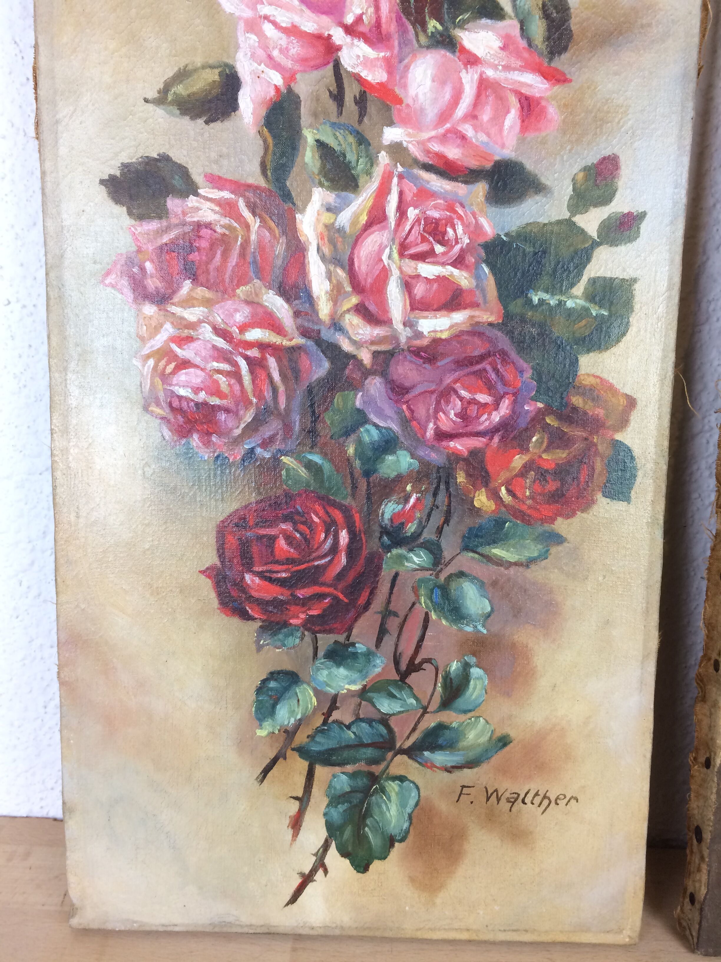 Suite of 2 old still lifes, painting on canvas, flowers