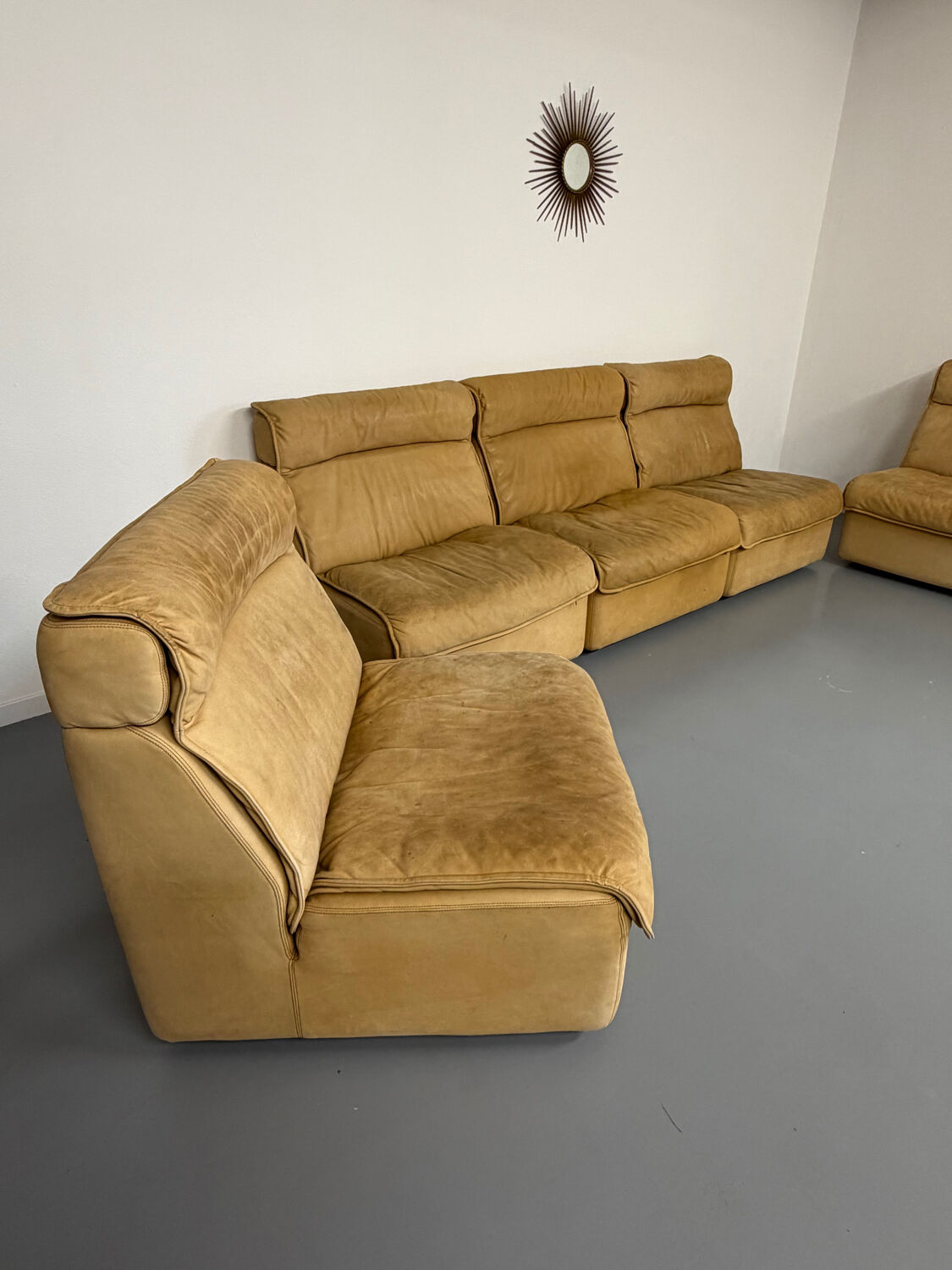 Modular camel leather sofa, 1980s vintage design.